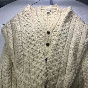 Vintage LL Bean Aran Wool cable knit cardigan size large ivory